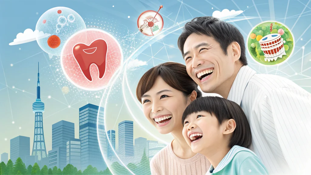 笑顔の家族と歯のイラストを使った歯科医療イメージ