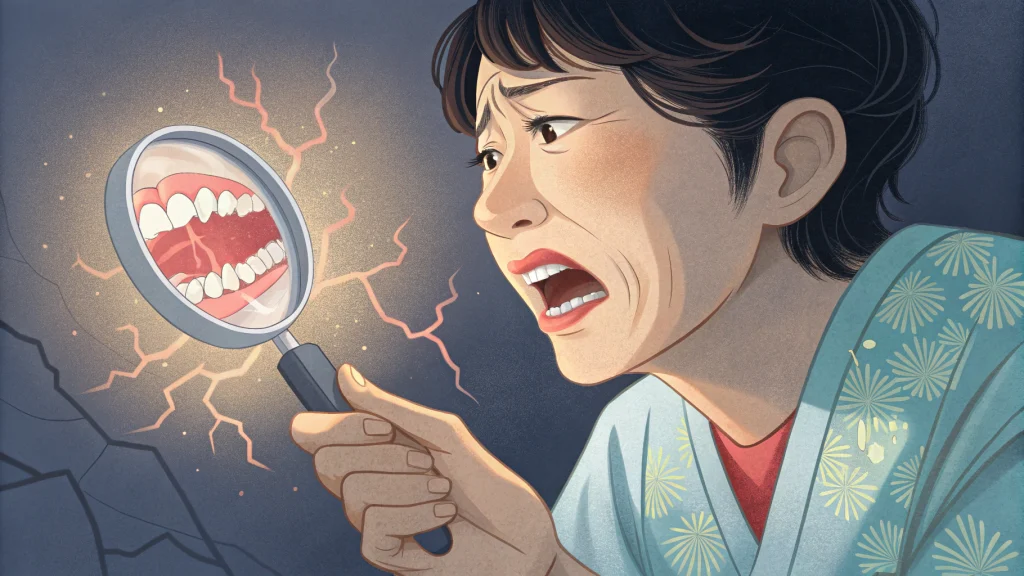 虫眼鏡で自分の歯茎の状態を見て驚いている女性