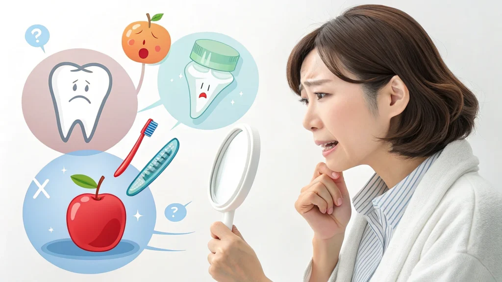 手鏡で口元を確認し悩んでいる女性