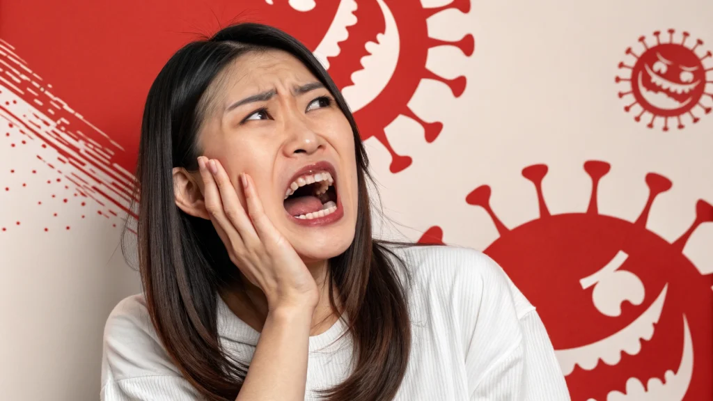 歯周病菌におびえて顔をゆがめる女性