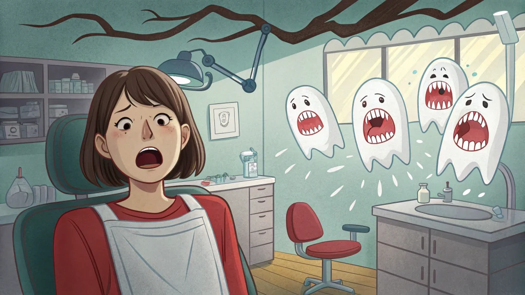 歯医者の診察台で驚く女性と痛がって叫ぶ歯のお化けたち