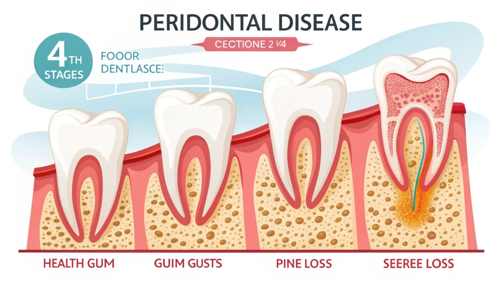歯周病が進行する4つの段階を表すイラスト 健康な歯茎から歯を支える骨が溶けて失われるまでの様子