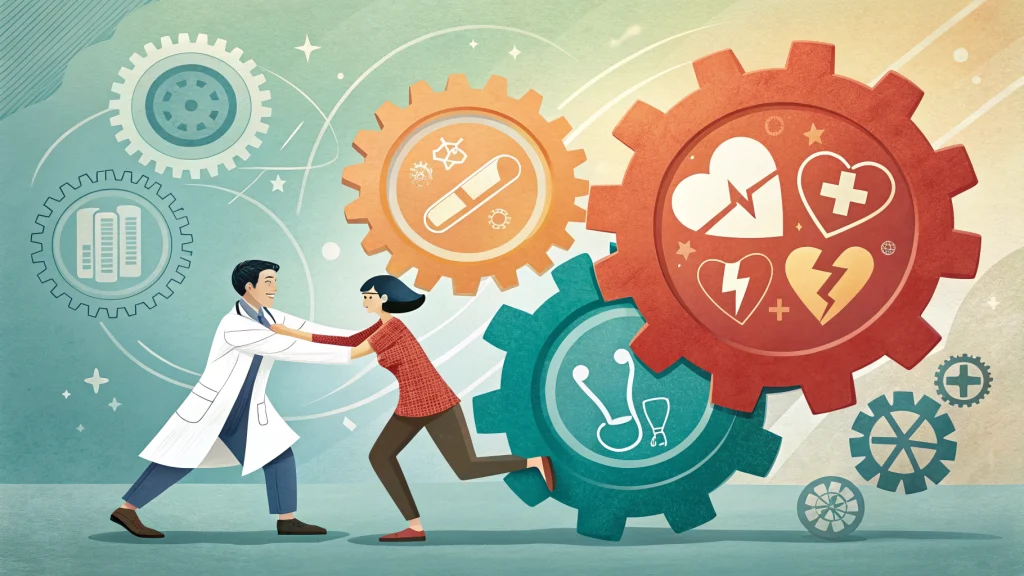 歯医者と患者が協力して医療の専門ケアとセルフケアの歯車を動かしている