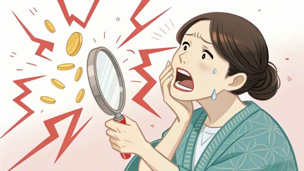 鏡で歯茎をみて驚く女性