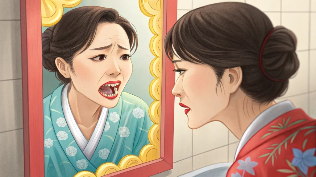 歯周病の初期症状が気になって鏡をみている女性