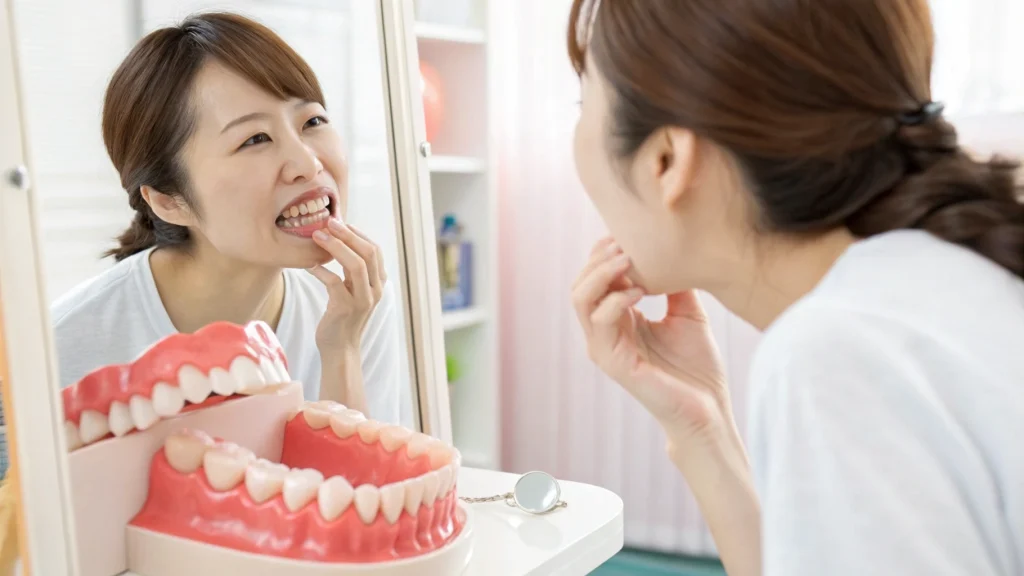 歯周病セルフチェックをしている女性