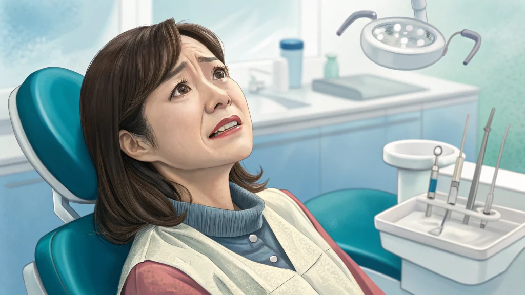 歯医者で不安そうな表情の女性