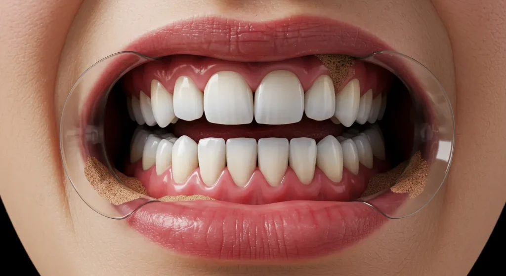 開口器で口を広げ歯に付着した茶色い粉状の汚れ