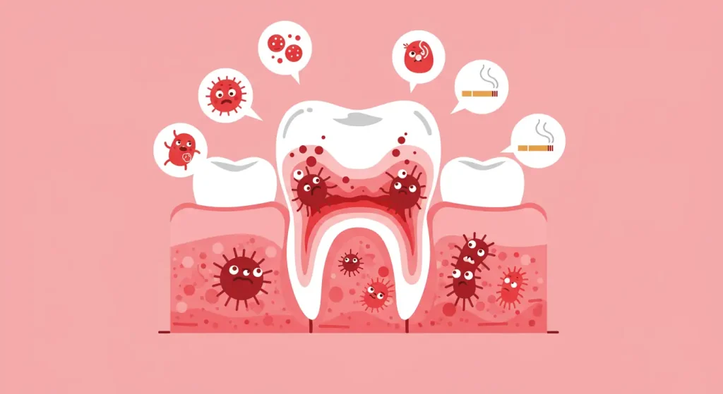 ばい菌やタバコで歯と歯茎が炎症を起こしているイラスト