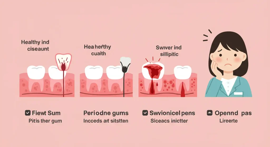 歯の病気が進行する3つの段階と歯の痛みで頬を押さえる女性のイラスト
