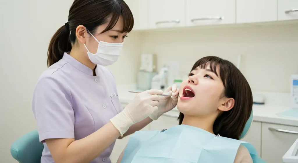 歯科医院で女性が口の中を診察されている