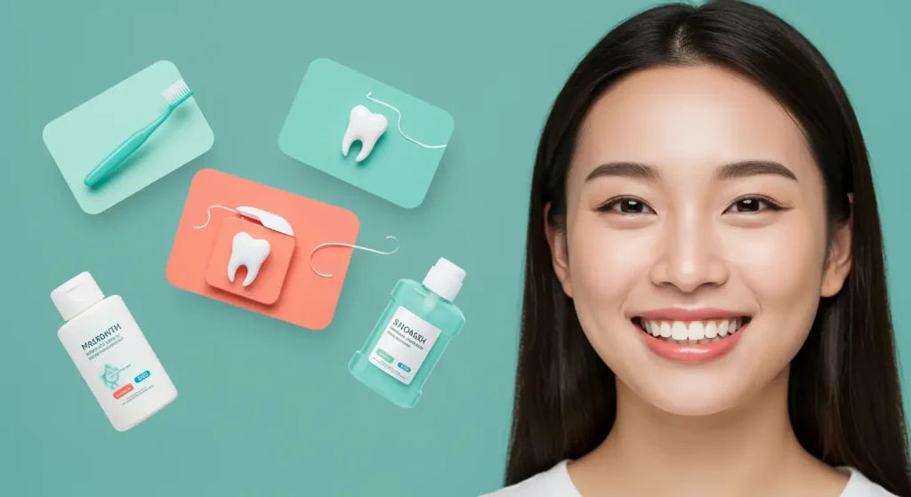 白い歯で微笑む女性と歯ブラシやデンタルフロスなどの歯のケア用品