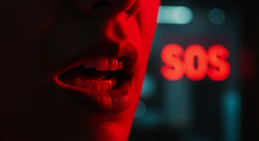 女性の口元と背景で光るSOSサイン