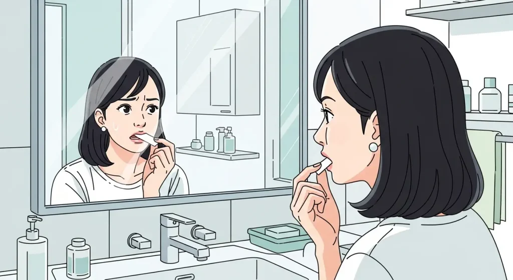 洗面所の鏡の前で不安そうな表情で口に薬を塗る女性