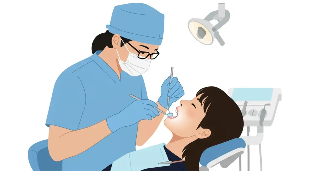 歯科医師から歯の治療を受けている女性