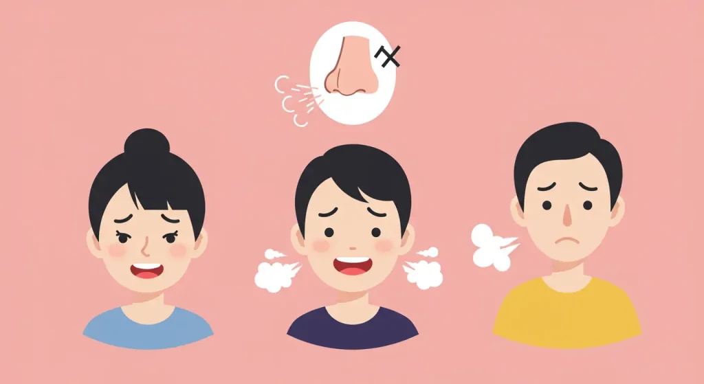 嗅覚疲れで口臭が臭い男性と困り顔の男女