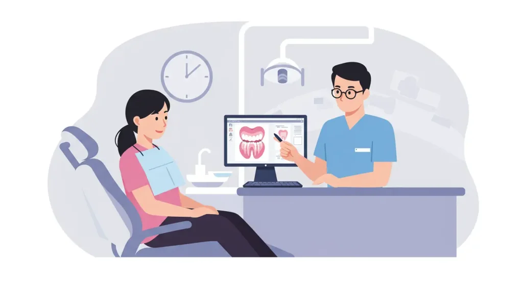 歯科医師がパソコン画面で歯のイラストを見せながら患者の女性に説明している