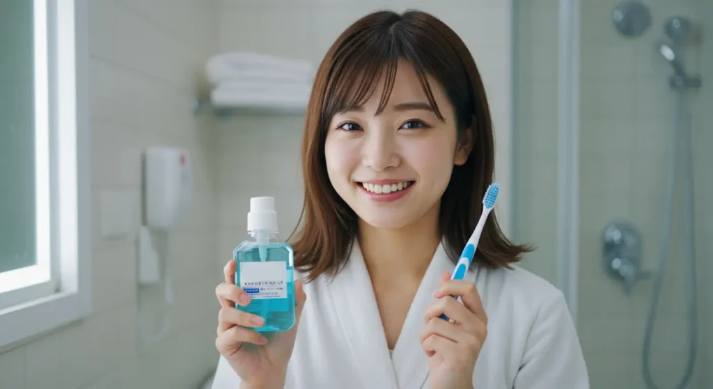 笑顔で歯ブラシとマウスウォッシュ液体歯磨きを持つ女性