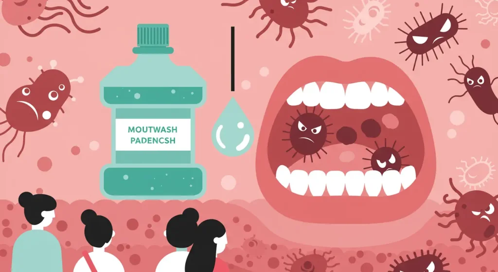 マウスウォッシュで口の中の悪い細菌をやっつけられずに歯周病に逆効果となる様子のイラスト