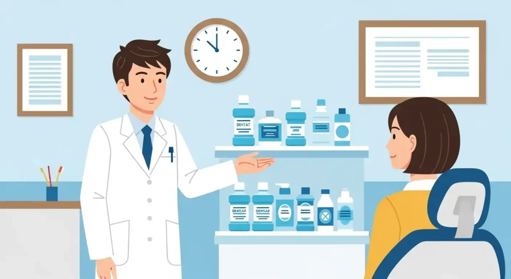 歯科医師が患者にマウスウォッシュ洗口液を説明している様子