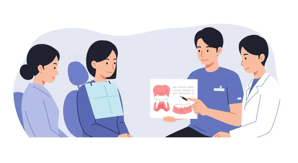 歯医者が歯の模型イラストを使って患者に説明している場面