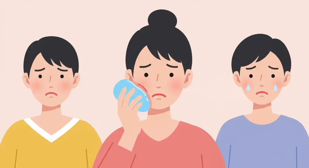 歯茎の腫れと痛みで冷却パックを当てる女性と悲しむ二人の男性