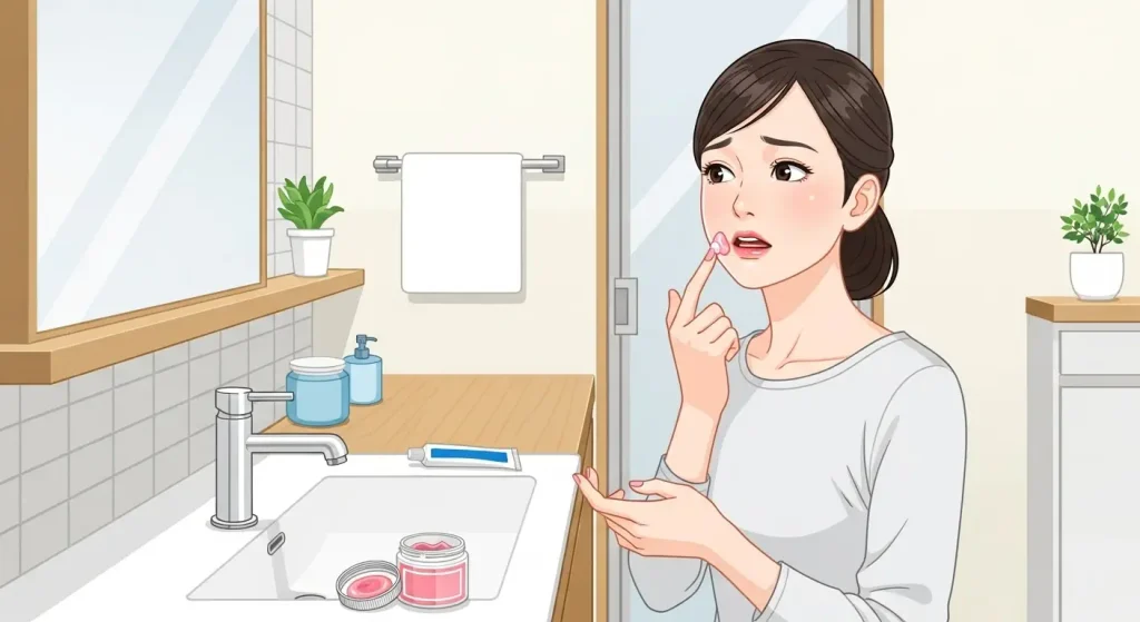 洗面所で歯茎の腫れに薬を塗り困っている女性