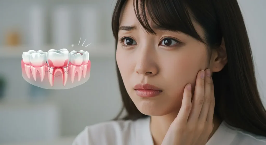 歯茎の腫れの痛みで頬を押さえる女性とひび割れた歯のイラスト