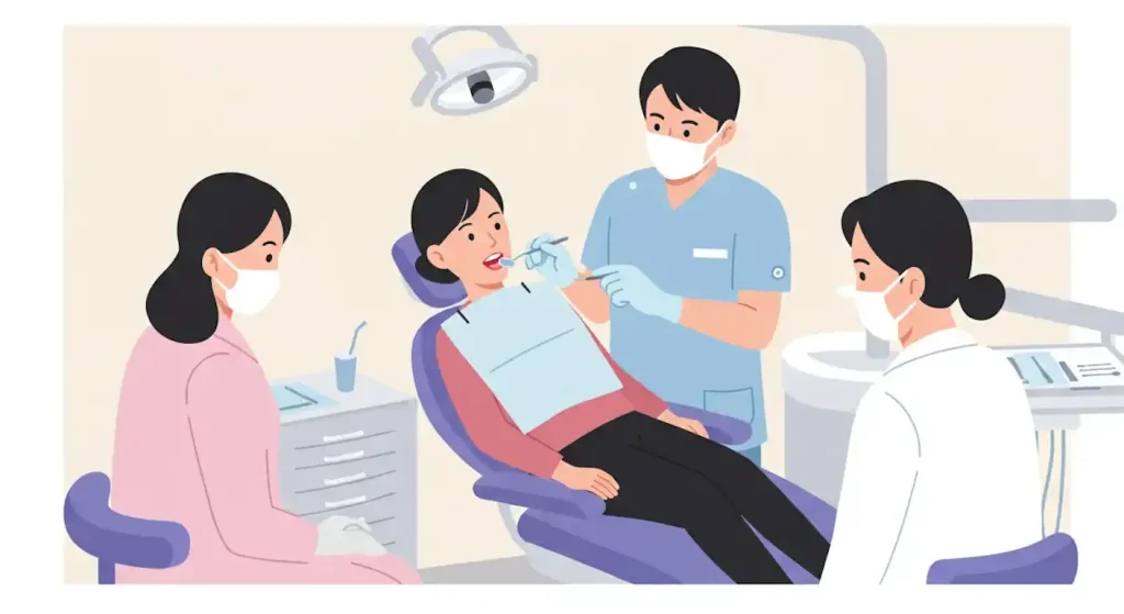 歯科医師と歯科衛生士が女性患者の歯を診察している